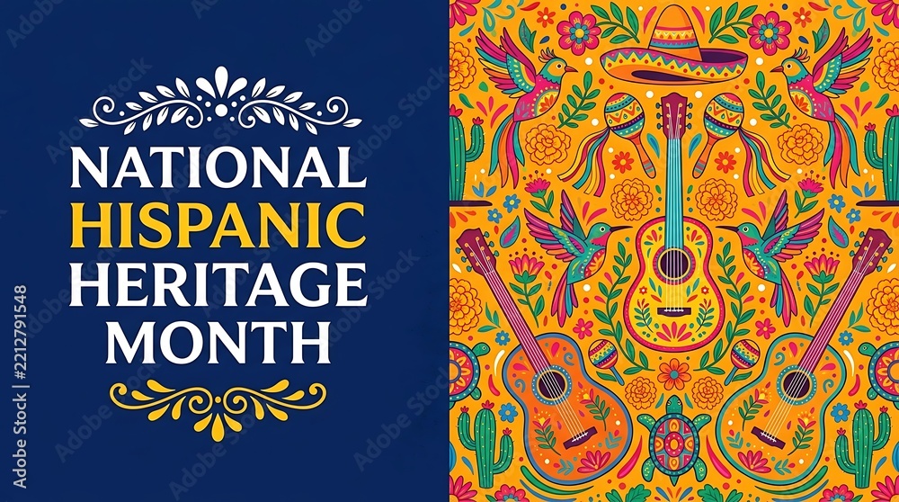 Fototapeta premium National Hispanic Heritage Month Banner with Traditional Mexican Folk Art Pattern and Music Elements