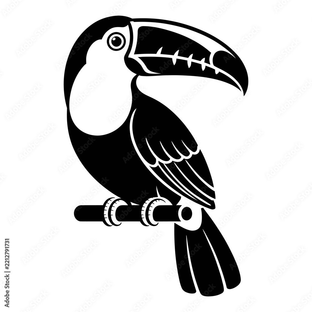 Fototapeta premium Toucan perched on branch black and white graphic silhouette