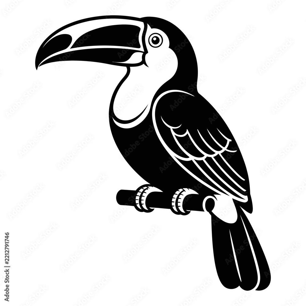 Fototapeta premium Toucan perched on branch stylized black and white silhouette
