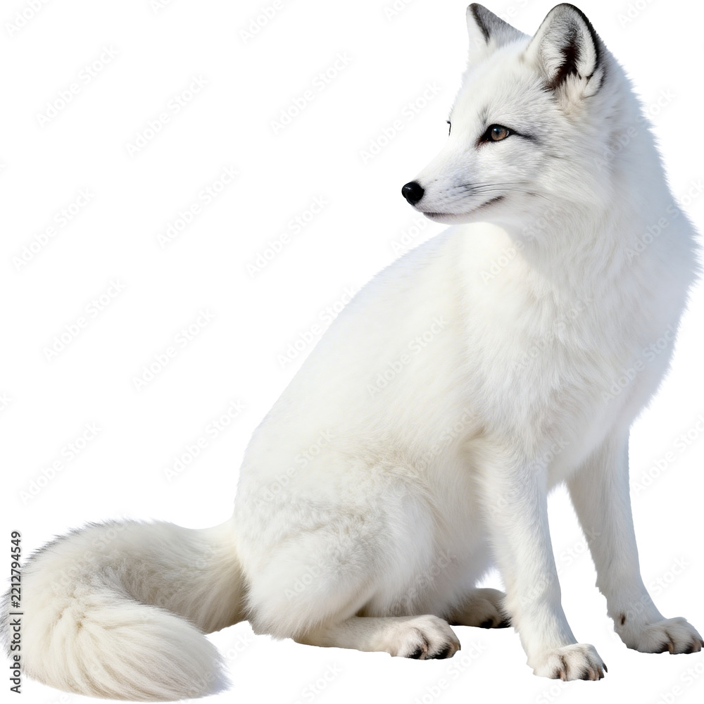 Fototapeta premium [Transparent Background PNG]Sitting Arctic Fox With Thick White Winter Fur Against Plain Background