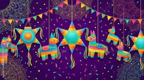 Colorful Mexican Fiesta Background with Traditional Donkey and Star Piñatas, Bunting and Confetti