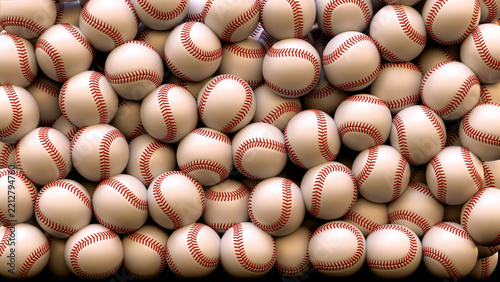 Baseballs fill the screen in a 3D render background with clear