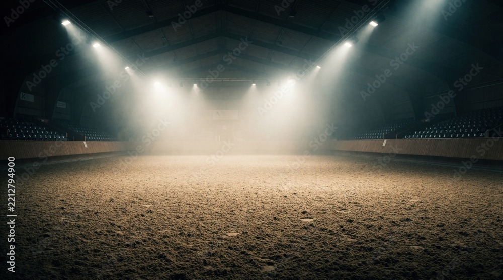 Naklejka premium Empty indoor equestrian arena with sandy floor. Bright spotlights shine through hazy dust in large sports venue. Wide shot shows dark spectator seats, dramatic lighting in gym training facility. Pro
