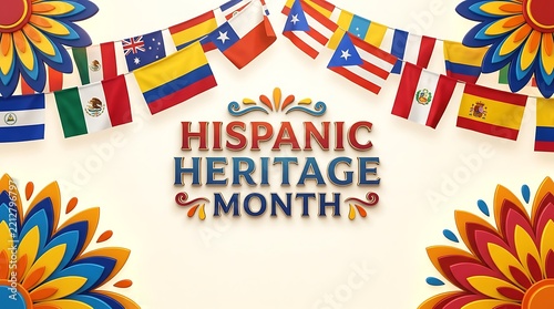 National Hispanic Heritage Month celebration background with colorful Latin American flags and flowers