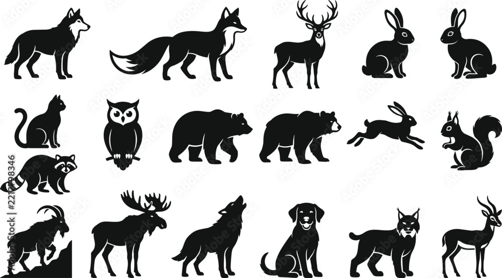 Obraz premium Comprehensive collection of black silhouette featuring various forest and wild animals like wolves, bears, deer, owls, cats, and rabbits on a white background