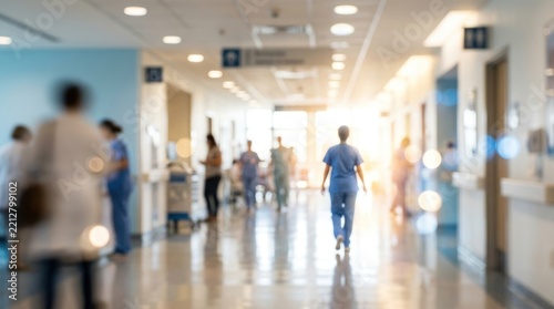 Several healthcare professionals walk down a brightly lit hospital corridor. A nurse in a white coat walks towards the camera, while other staff members are blurred in the background.