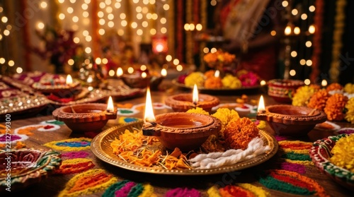 A vibrant and ornate table displays numerous diyas (oil lamps) with flickering flames, surrounded by marigold flowers and colorful rangoli patterns.