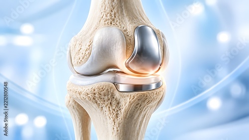 3D illustration of a human knee joint replacement with titanium metal implants and plastic parts for orthopedic surgery