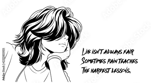 Anime Boy Anime Style Line Art Vector Illustration with Life Lessons Typography Quote