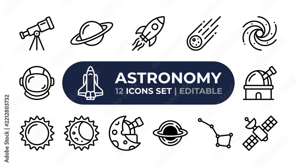 Fototapeta premium Astronomy Icons Set: A collection of 12 minimalist, black and white line art icons representing various astronomical objects and concepts.