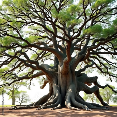 Large Spreading Tree with Exposed Roots and Green Canopy