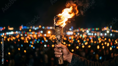 Hand holding sparkler in festive crowd celebration.
