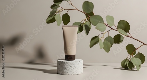 Cosmetic cream tube on stone podium with eucalyptus branch decoration