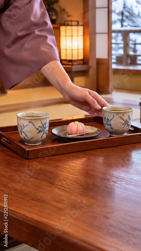 雪景色の見える旅館の客室でお茶と和菓子を配膳する縦型動画