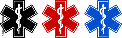 Three star of life medical symbols in black blue and red colors arranged horizontally on a clean white background design