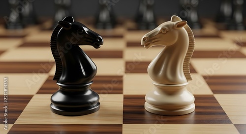 Black and white chess knights face off on a wooden chessboard