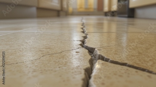 Low angle view of a deep long crack splitting a ceramic tile floor inside a modern home, conceptual for structural foundation failure, earthquake disaster, or house property insurance claim