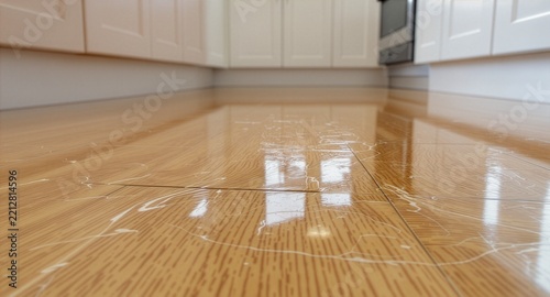 Low angle view of a shiny wooden laminate floor completely covered in water inside a white modern kitchen, representing home plumbing disaster, broken pipe emergency, or insurance damage.