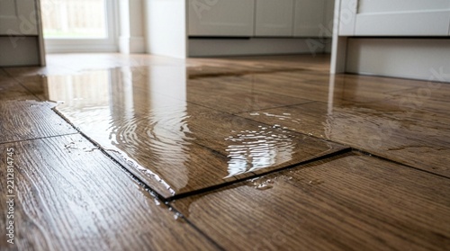 Close-up of water leaking and flooding a wooden laminate floor inside a modern kitchen, causing household damage from a broken pipe or plumbing insurance emergency concept.