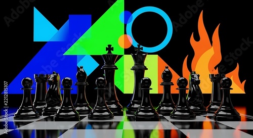 Black chess pieces on a chessboard with abstract geometric and fire background