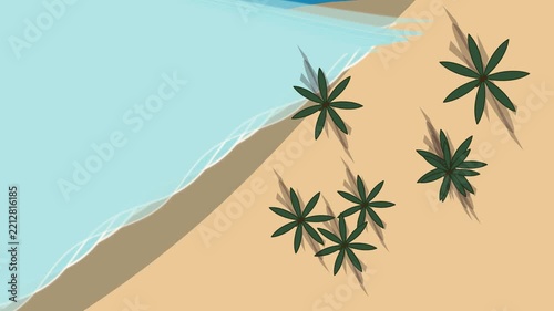 Aerial view of tropical beach with palm trees and gentle ocean waves, minimalist flat animation