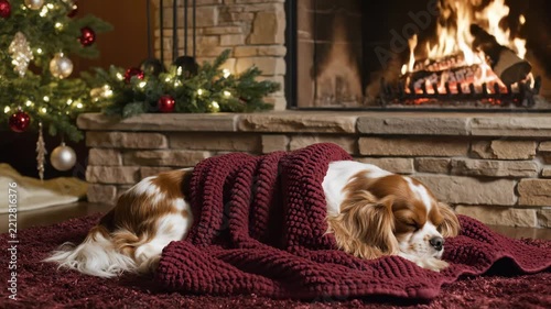 A charming dog lies contentedly on a plush rug, wrapped snugly in a soft blanket, basking in the warmth of a glowing fireplace surrounded by festive decorations.