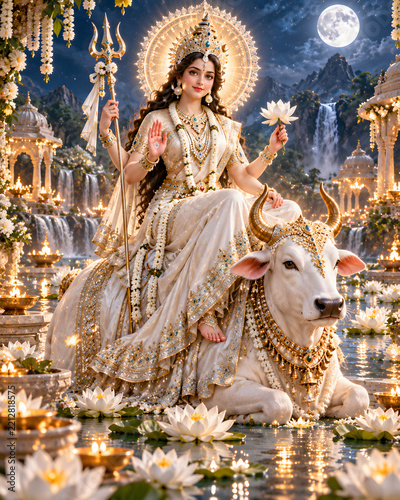 Goddess riding a white ox surrounded by floating lotus flowers and glowing oil lamps at night with hindu goddess white ox divine being indian tradition glowing light full moon traditional dress