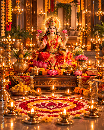 Hindu goddess lakshmi seated on throne with colorful floral rangoli and glowing oil lamps rangoli design diwali festival diya lamps hindu deity divine goddess religious art traditional festiva