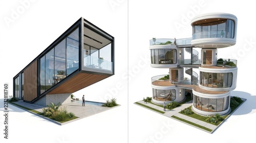 Set of futuristic house units featuring two house in one image different image isolated white background