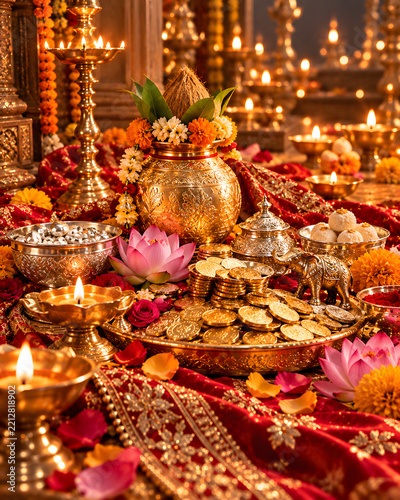 Divine hindu festival arrangement with golden kalash lotus flowers and diya lamps traditional worship auspicious arrangement oil lamps sacred items indian culture spiritual ritual golden pot