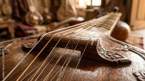 Close-up of a Traditional Indian Sitar String Bridge with Intricate Wood Carvings