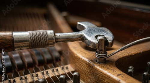 Close-up of a tuning wrench being used to adjust a piano string on an antique instrument
