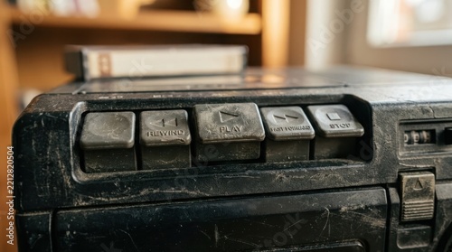 Close-up of vintage cassette player buttons including play, stop, rewind, and fast forward, evoking retro audio nostalgia