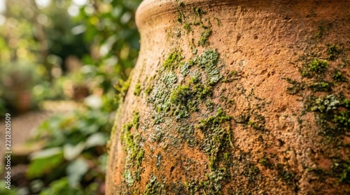 Close-up of weathered terracotta pot surface with vibrant green moss and lichen growth