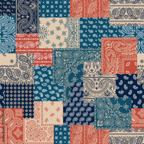 Paisley bandana pattern, abstract seamless vector background patchwork kerchief ornament for fabric print, silk scarf, shirt, wallpaper and home decor