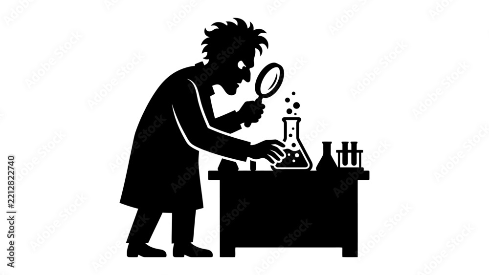 Fototapeta premium Mad scientist's Experiment: A silhouette of a mad scientist intently examining a bubbling flask with a magnifying glass, surrounded by test tubes and beakers on a laboratory table.