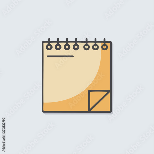 A flat vector icon illustrates a spiral bound notepad with a folded corner.