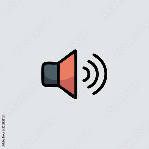 A stylized flat vector icon of a speaker emits sound waves against a light gray background.