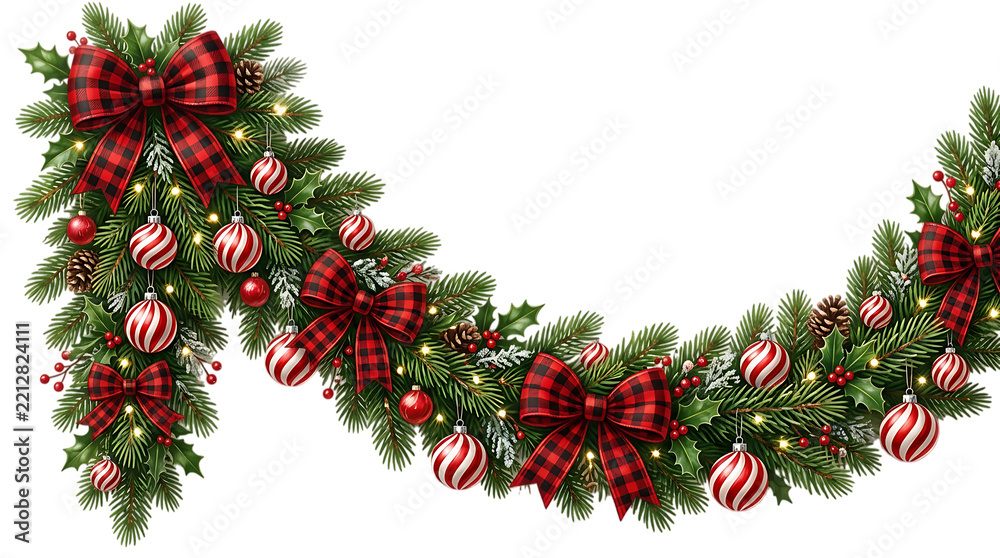 Fototapeta premium Christmas garland with red and white ornaments, plaid bows on transparent background PNG