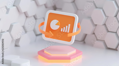 Orange data panel on glowing hexagonal base