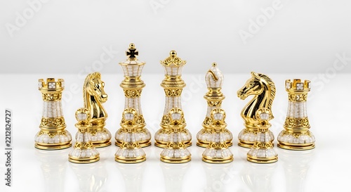 Luxurious gold and white chess pieces on a clean white background