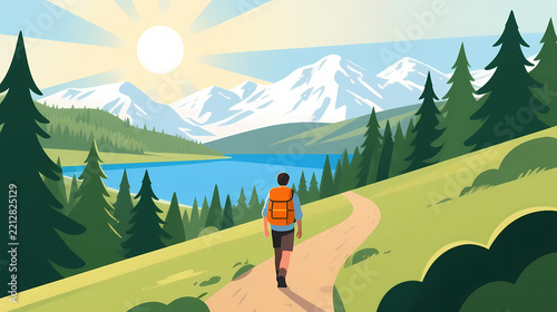 Hiker on trail with lake and snowcapped mountains