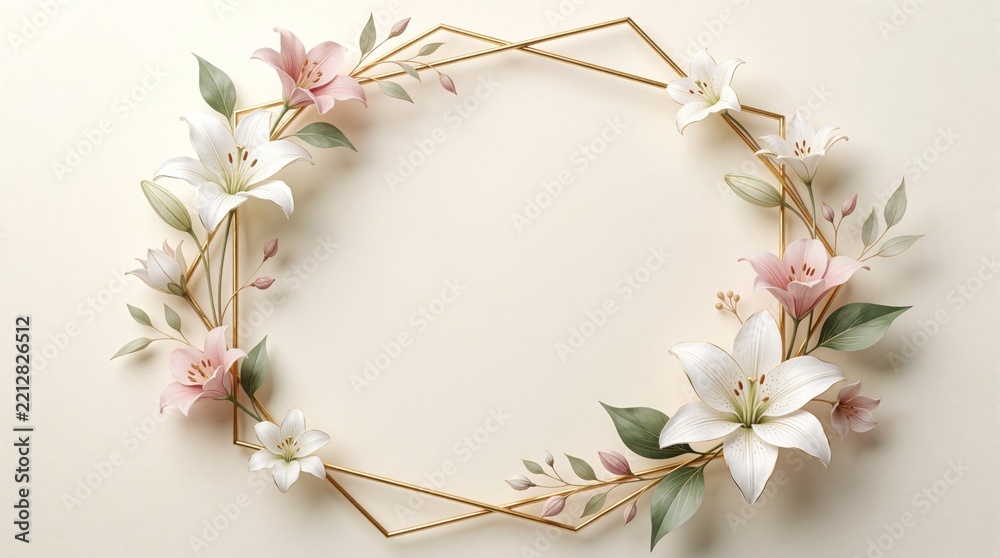 Obraz premium Elegant golden geometric frame with white, pink lily flowers. Delicate floral border on cream background. Luxury botanical design for wedding invitation, greeting card premium event poster.