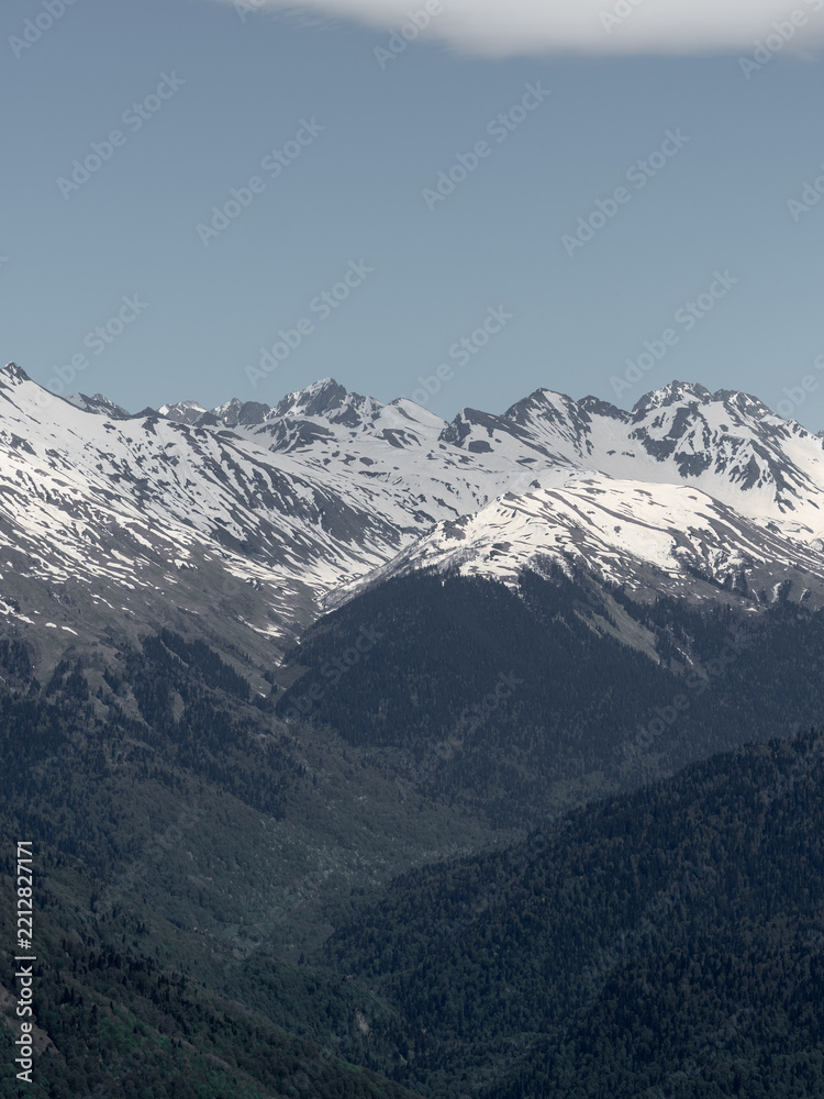 Fototapeta premium Muted mountain landscape with snowy ridge and forested valley, calm minimalist tones