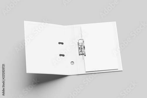 Blank white ring binder folder design mockup, 3d rendering. Self-binder mock up with stack of a4 paper.