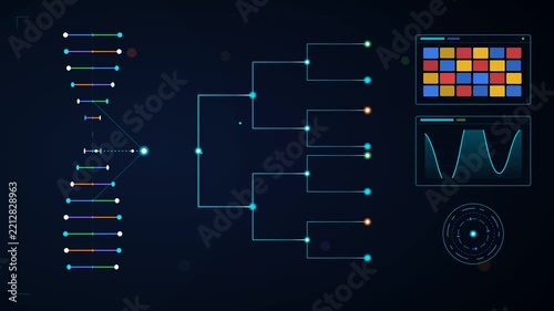 Futuristic DNA genetic research data visualization dashboard interface with medical charts and phylogenetic tree infographics. 4K Video