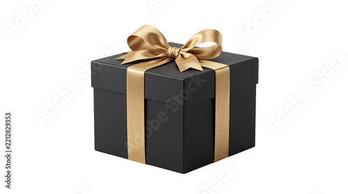 Square black gift box with gold ribbon and isolated on transparent background