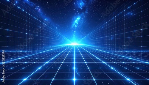 Blue laser grid perspective extending to central light.
