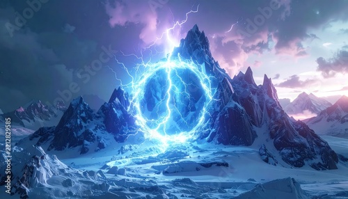 Blue lightning ring in winter mountain peaks.