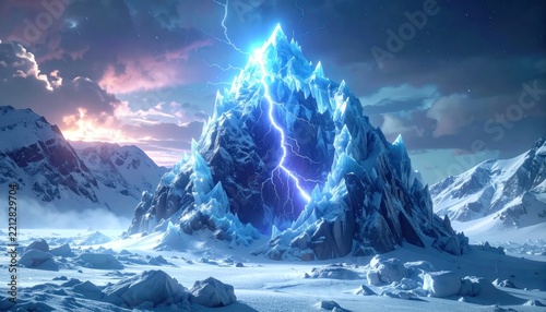 Blue lightning strike on snowy mountain peak